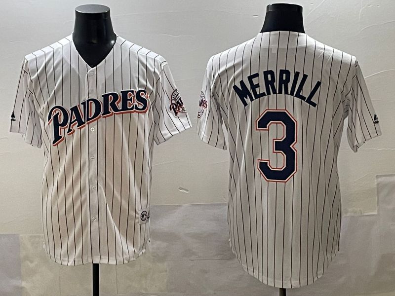 Men 2025 San Diego Padres 3 Merrill White Stripe Throwback Game Nike MLB Jersey style 1